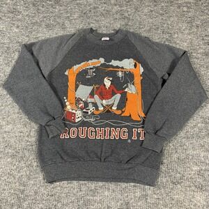 Vintage Jerzees Sweatshirt Mens Medium Gray Roughing It Funny Camping 80s USA